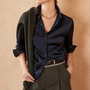 Banana Republic Black Portofino Satin-like Button Down Top, Size XS